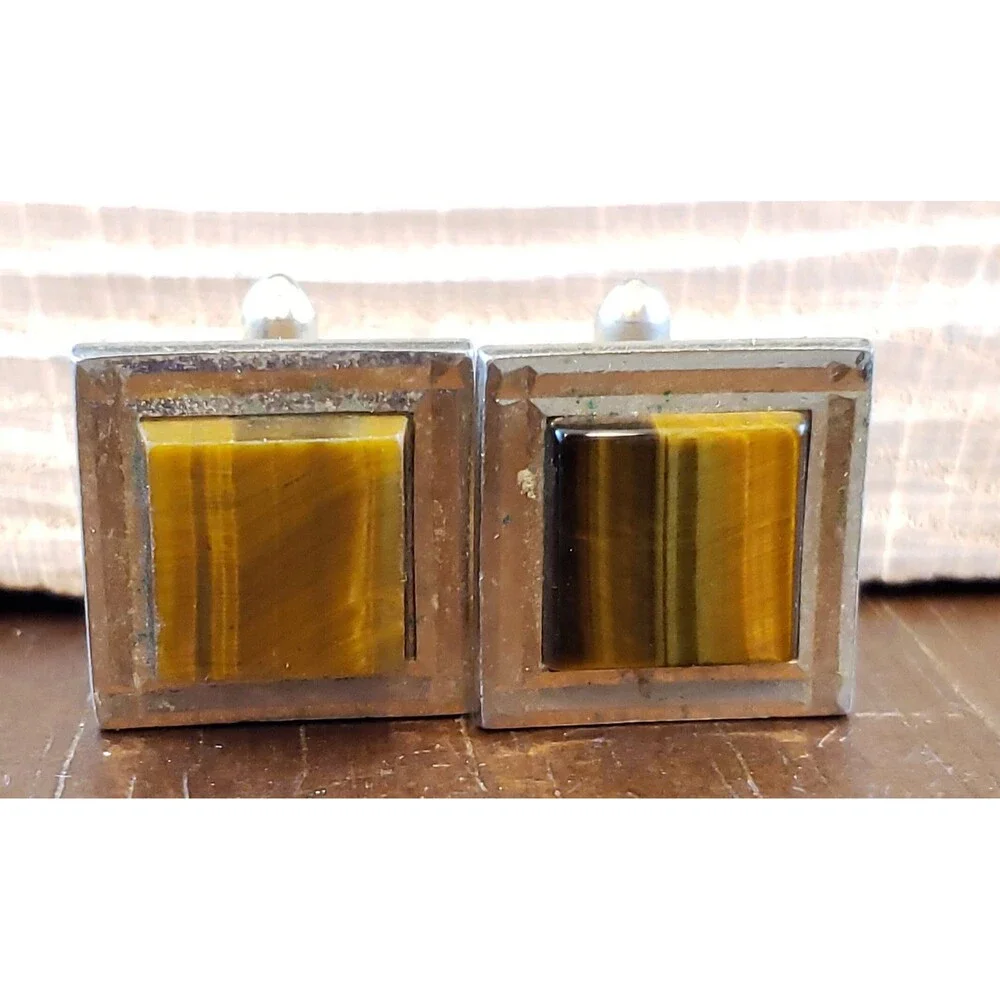 Vtg Swank Gold Brown Striations Stone Mounted, Gold Tone Metal Square Cuff Links
